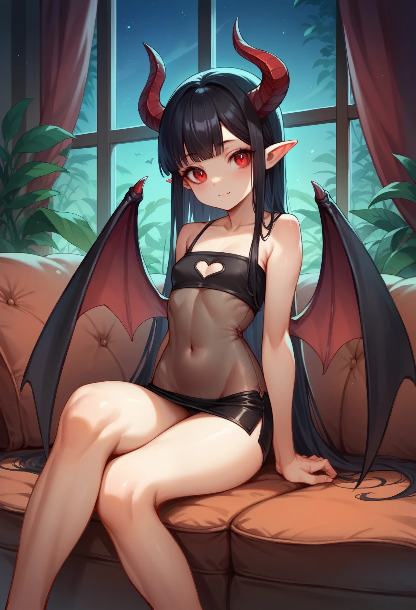 cute succubus, long black hair, red eyes, black make-up, horns, wings, pointed ears, athletic body, small breasts, see-through minidress, sits on a couch, livingroom with large window and deco plants, at night