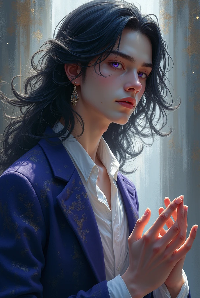 Delicate_face, down_shot, thick_acrylic_illustrationon_pixiv, by_Kawacy, by_john_singer_sargent, Masterpiece, upper_body, king, one_boy, two_hands, Purple_eyes, black_long_hair, pale_white_skin, beautiful_face, god_light, white_shirt, rich_details, high_quality, scum, degenerate, 8k, ultra_detailed, the_latest_pixiv_illustrations, dynamicposes, dynamic_angles, gorgeous_light_and_shadow, transparency, detailed_decoration, detailed_lines, mysterious, fantasy, magic, shinning, man, male