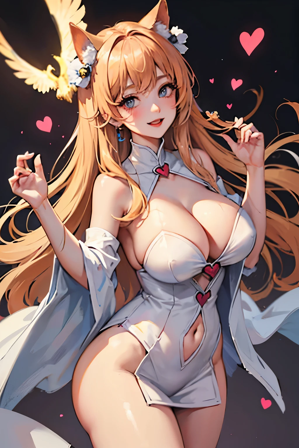 masterpiece, Highest quality,, solo,Big breasts, thick thighs,cleavage,curvy,naked、Heart Pasties、blush、smile、dark gray background