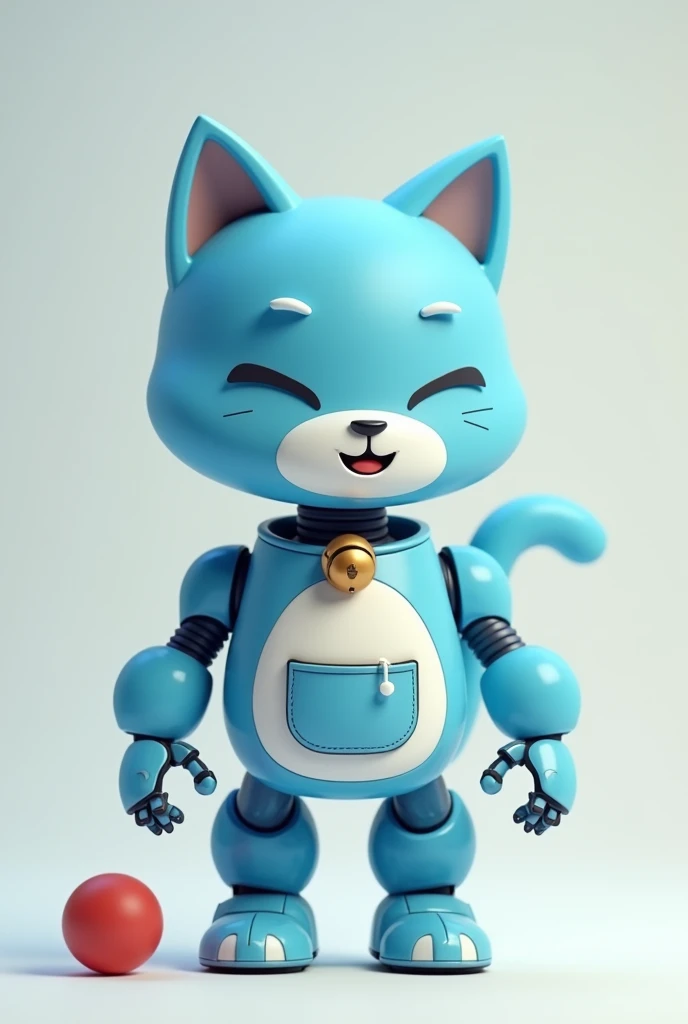 Draw a blue cat robot, Make them bipedal, Walk on two legs, Put a bell on the collar, Whiten the face and belly, Put a pocket on your belly.
Laughing, making the hands and feet white, removing the tail, and putting a red ball on the butt