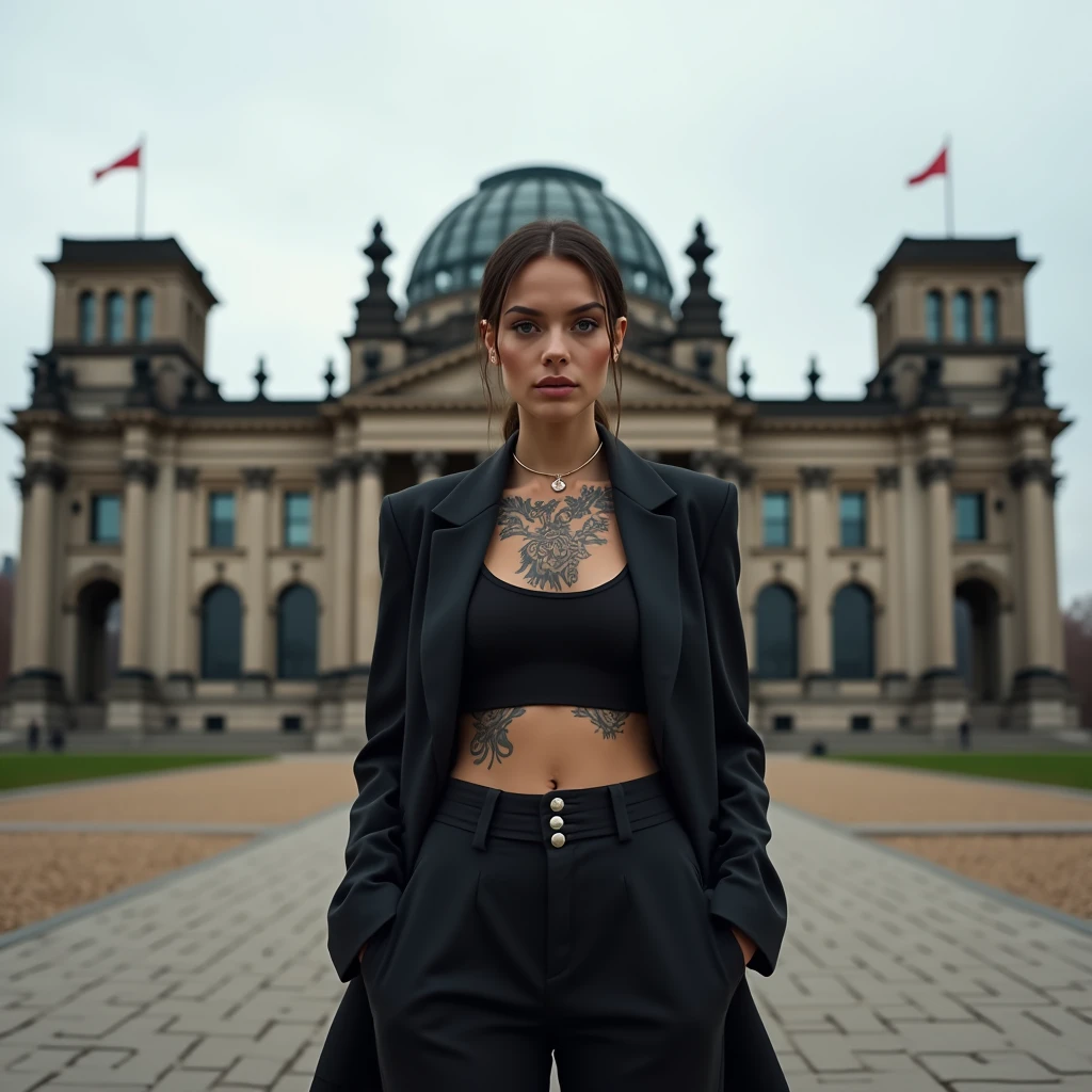 A super high-resolution, ultra-detailed, hyperrealista,,A young woman in a sophisticated, modern outfit—high-waisted pants and a fitted blazer—stands confidently in front of the Reichstag Building. Her tattoos contrast with the historic architecture, adding a contemporary twist to the powerful, iconic setting.