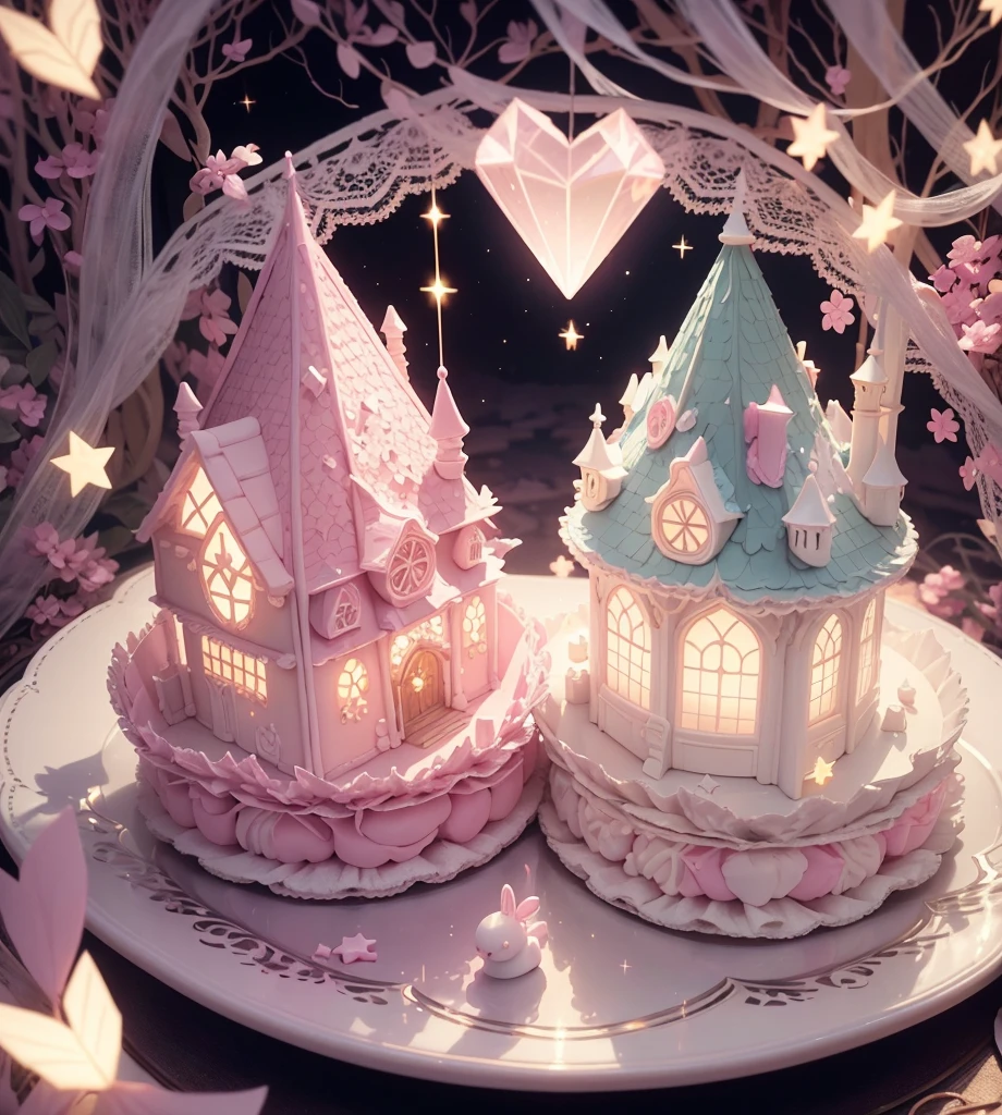 Create gorgeous handmade cookies that fit together like a puzzle in the forest Candy Castle Fairy World chocolate A soft light shines through Delicate lace and ribbon Light color gem lame Photon Mapping High Contrast Diamond particles antique The color is pink and white Cookie Puzzle cute Sparkling Star Fragment Multiple Exposure Stuffed white rabbit
