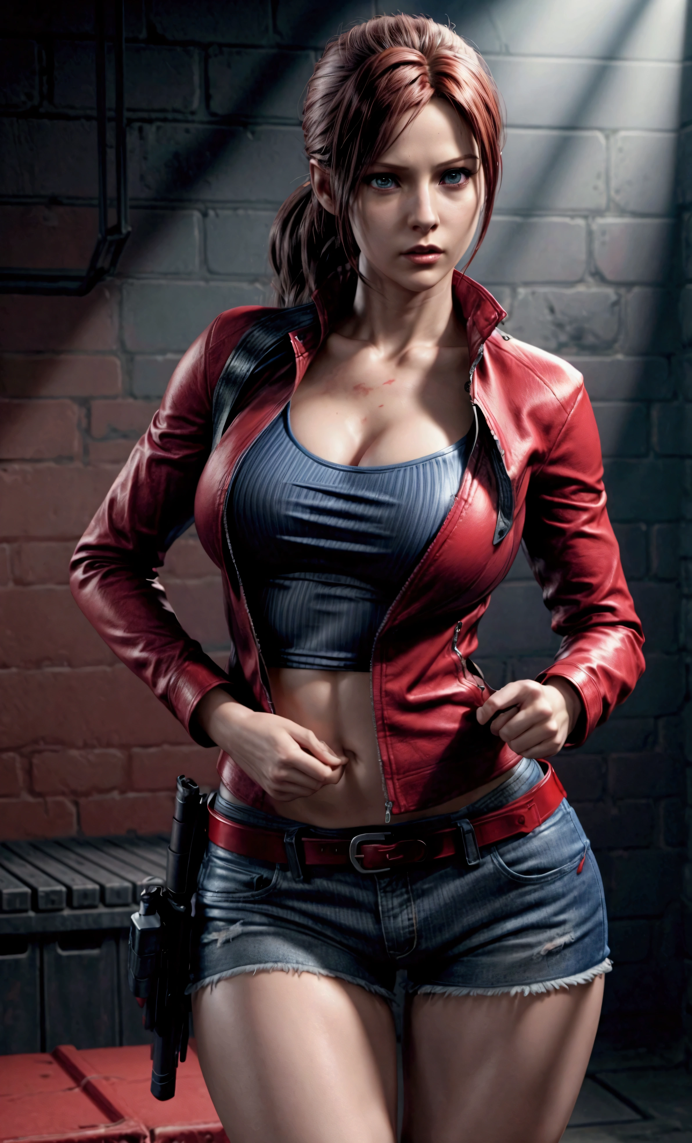 claire redfield, sexy pose, 3 size breasts, blue shorts, tight t-shirt, red jacket, military belts and straps, realistic skin, ulltra realistic art, feminine body, thin narrow waist,