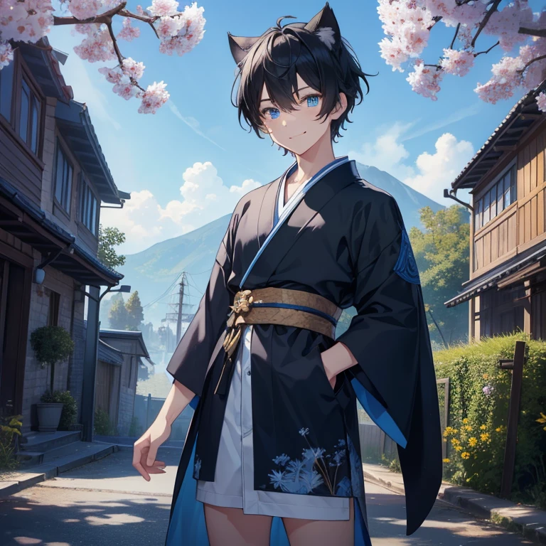 (highest quality), (masterpiece), 1080p, hd, 4k, 8K, masterpiece, 1boy, has Cat ears, has Black short hair, magic, has Blue beautiful eyes, wears Blue kimono, has slim body, muscular build, depicted in detail, smile, standing, spring cheerfulness, Dandelion on the road