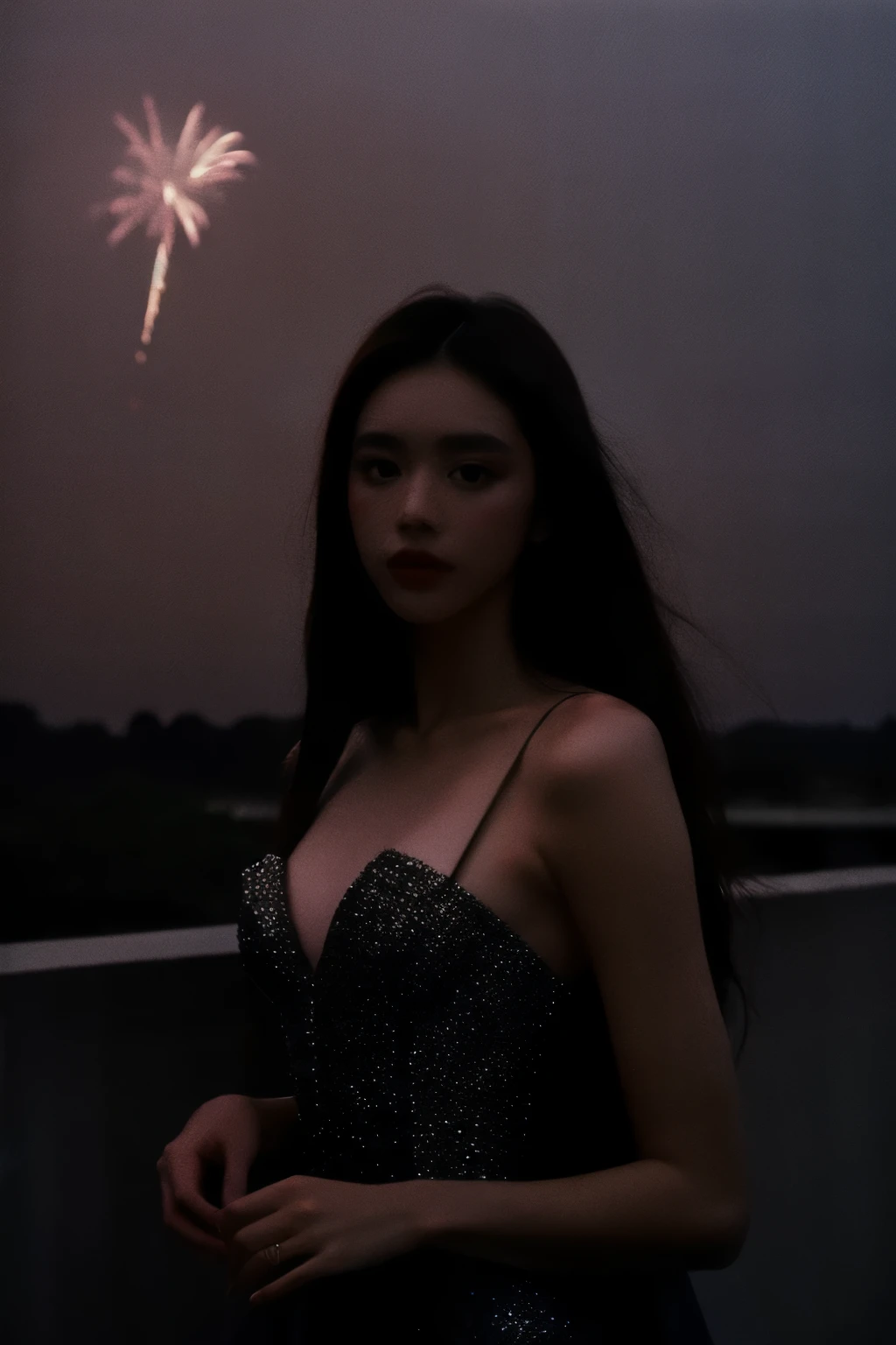 a fashion lookbook portrait of a female fashion model wearing haute couture, experimental, shot on kodak professional medium format film, liminal industrial background in, DarkRed, (smoke|fireworks:1.05), (dawn|dusk:1.05), (summer|light:1.05), 1girl, long hair, (upper body:1.4),