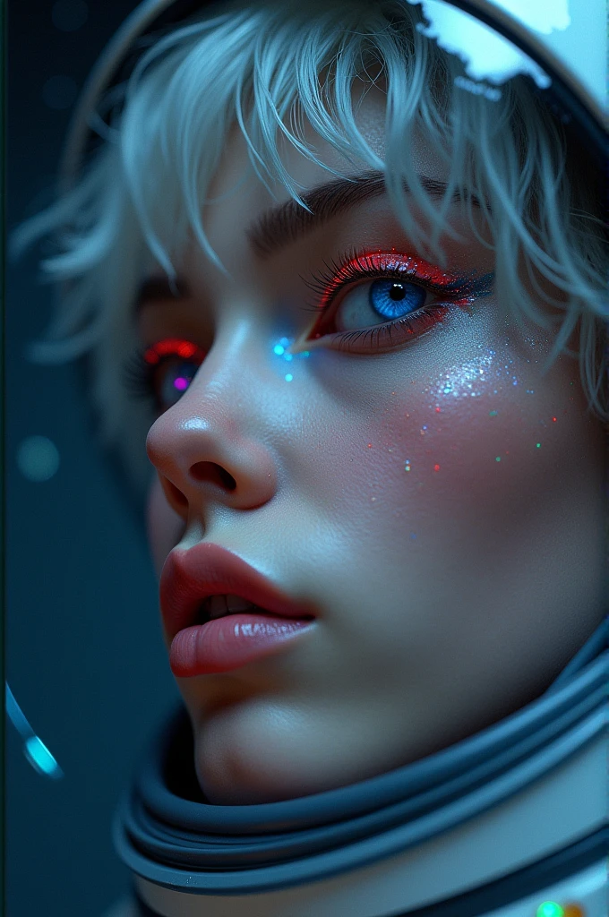 (Close-up of a better masterpiece:1.5)0.9], (Space and astronauts:1.2) (Messy silver hair:1.1) (Heterochromia xanthochromia and blue eyes:1.2) (Space Helmet:1.0) (Colored stars in the eyes:1.0) (A radiant glow:1.1) (thick lips:0.9)