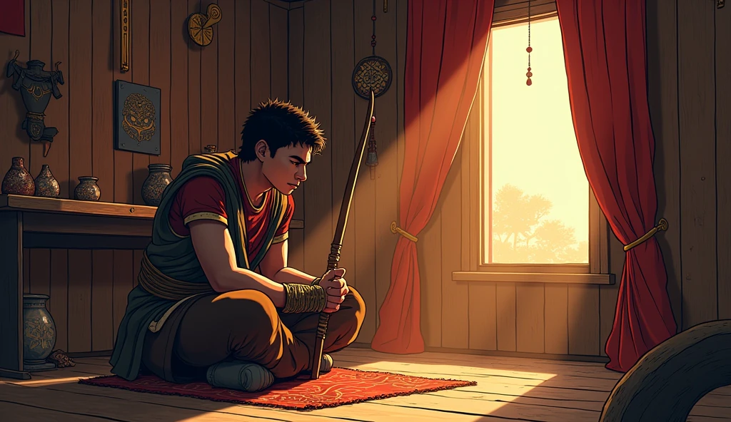 Arav troubled in his chamber: Depict Arav sitting in a wooden chamber, holding his bow with a troubled expression. The room should be softly lit by sunlight streaming through a window, and traditional warrior items should be visible in the background with warm, vibrant colors and a comic-style aesthetic: