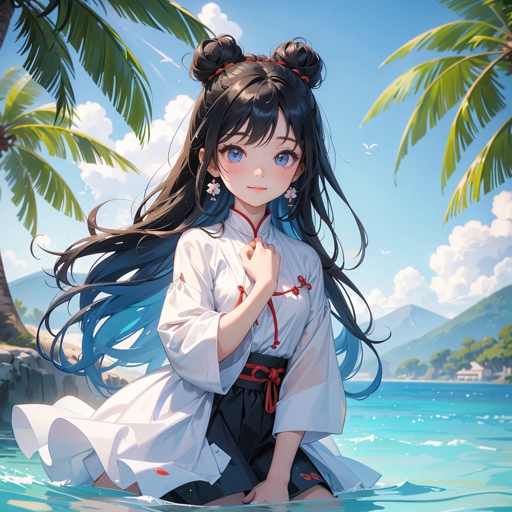 A chibi child girl had a small face and Wearing white little Taoist priest's outfit. A pair of big round eyes shone with curiosity about him. This child was so cute! ,her hair is black with two buns on her hair.small chibi, chibi baby, smiling,The little chibi baby looked up with his chest raised, and his face was old and proud.

Sitting fishing By the blue sea Under the coconut tree Behind there are mountains, with low, lazily floating clouds.