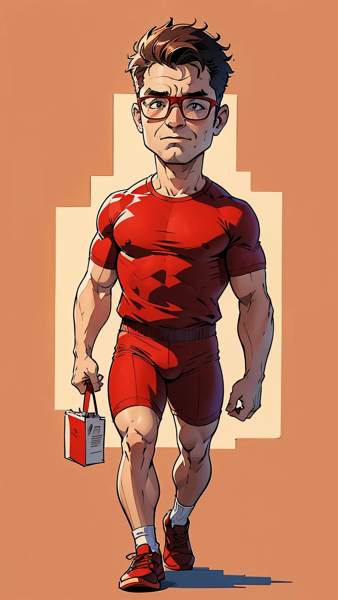 DClark, D_Clark, a sketch of a strong man, 25yo, with glasses, red shoes, drawn on paper with a colors pens, walking in the street, simple lines, poor drawing, light background, cartoon style, caricature, simple lines, simple drawing, colored pencil