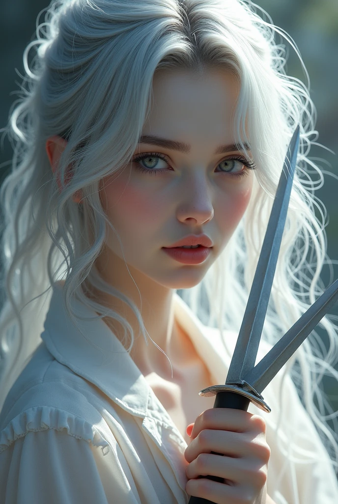 (masterpiece, Best quality:1.2), 1 girl, hair light gray, with white knives,  incredibly beautiful