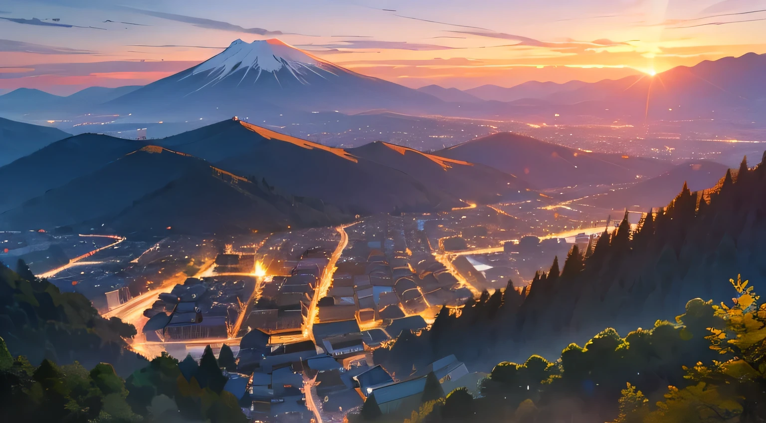 nature,mountain,sunset,japan,town,hill