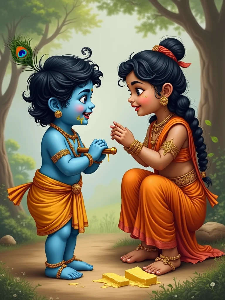 Yashoda scolding Little Krishna playfully as he stands with a broken pot of butter, his face smeared with it. Krishna, with his blue skin, a mischievous grin, a peacock feather tucked in his black hair, and his flute held in one hand, looks back at her. Despite her scolding, Yashoda’s eyes are filled with love, capturing the tender and playful bond between them.