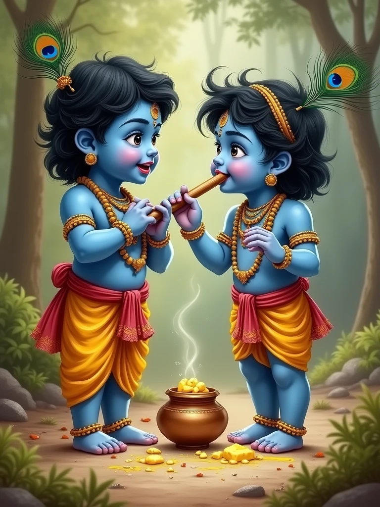 Yashoda scolding Little Krishna playfully as he stands with a broken pot of butter, his face smeared with it. Krishna, with his blue skin, a mischievous grin, a peacock feather tucked in his black hair, and his flute held in one hand, looks back at her. Despite her scolding, Yashoda’s eyes are filled with love, capturing the tender and playful bond between them.