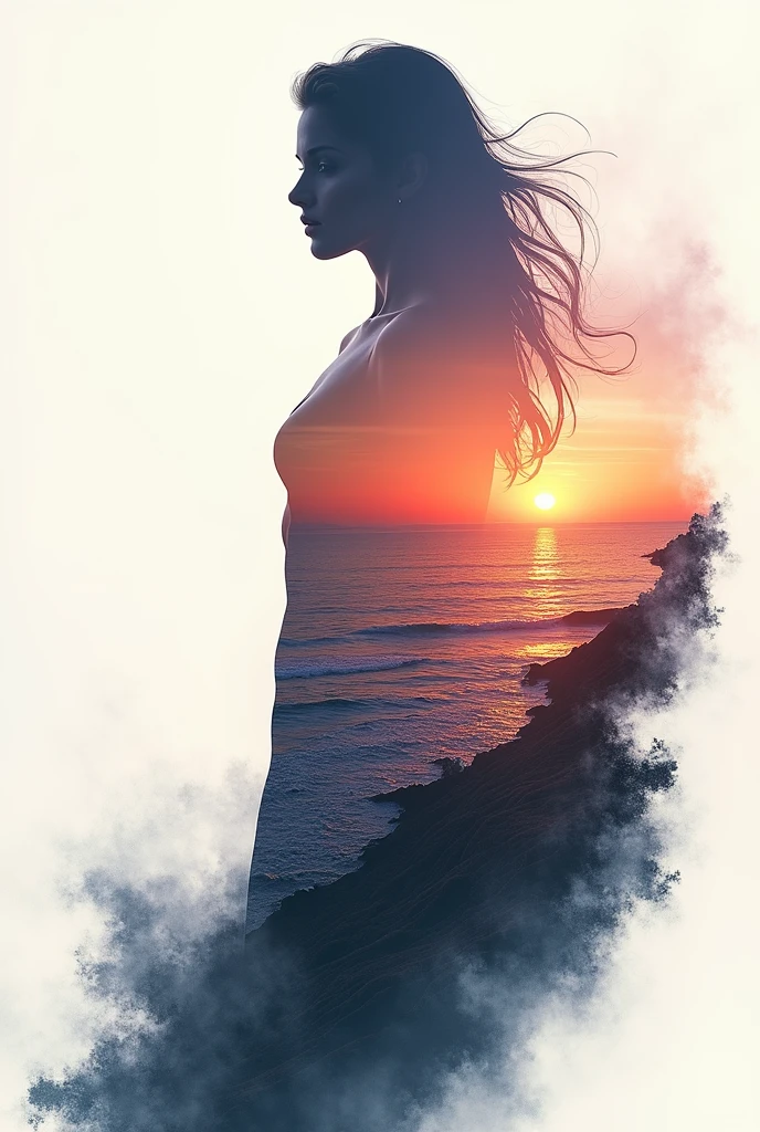 high quality, 8K Ultra HD, A beautiful double exposure that combines an goddess silhouette with sunset coast, sunset coast should serve as the underlying backdrop, with its details incorporated into the goddess , crisp lines, The background is monochrome, sharp focus, double exposure, by yukisakura, awesome full color,