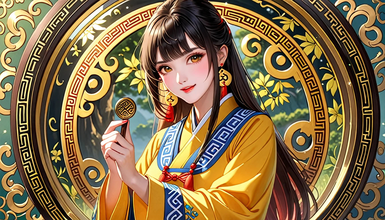 Beautiful Girl Spirit Taoist、Yellow Taoist Clothing、Bagua pattern（black）、Bagua Mirror、bill、Spell