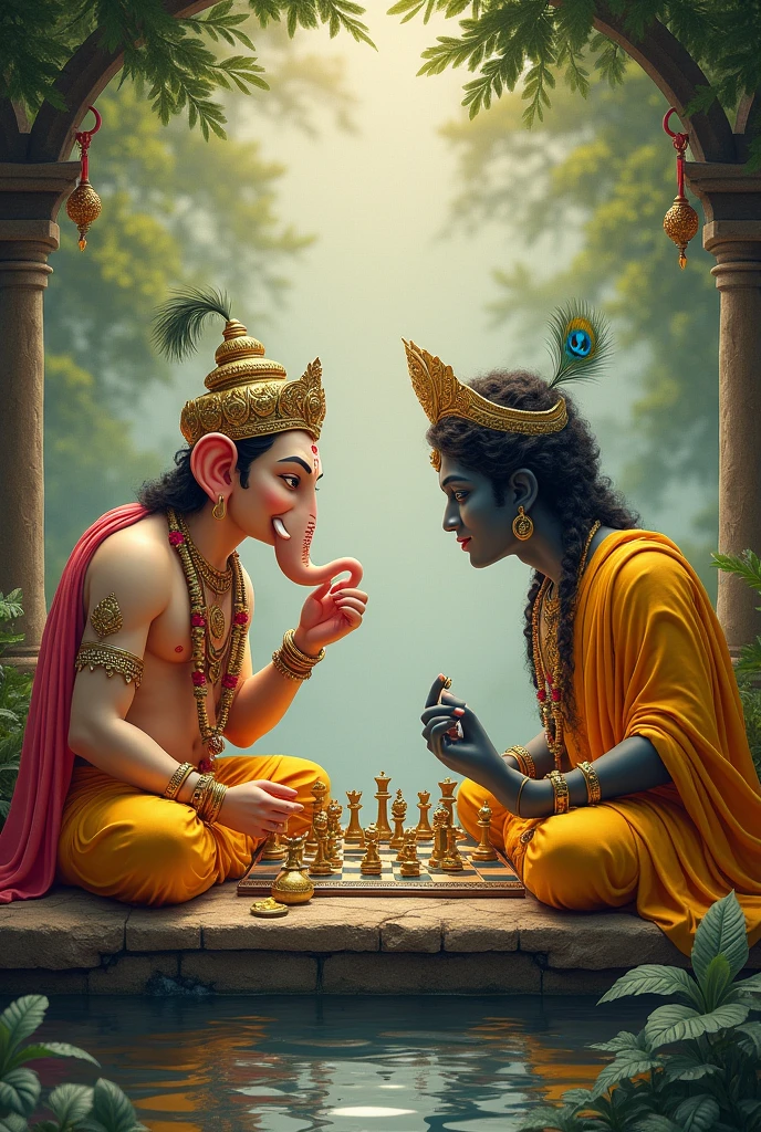 Ganesha and lord Krishna playing chess