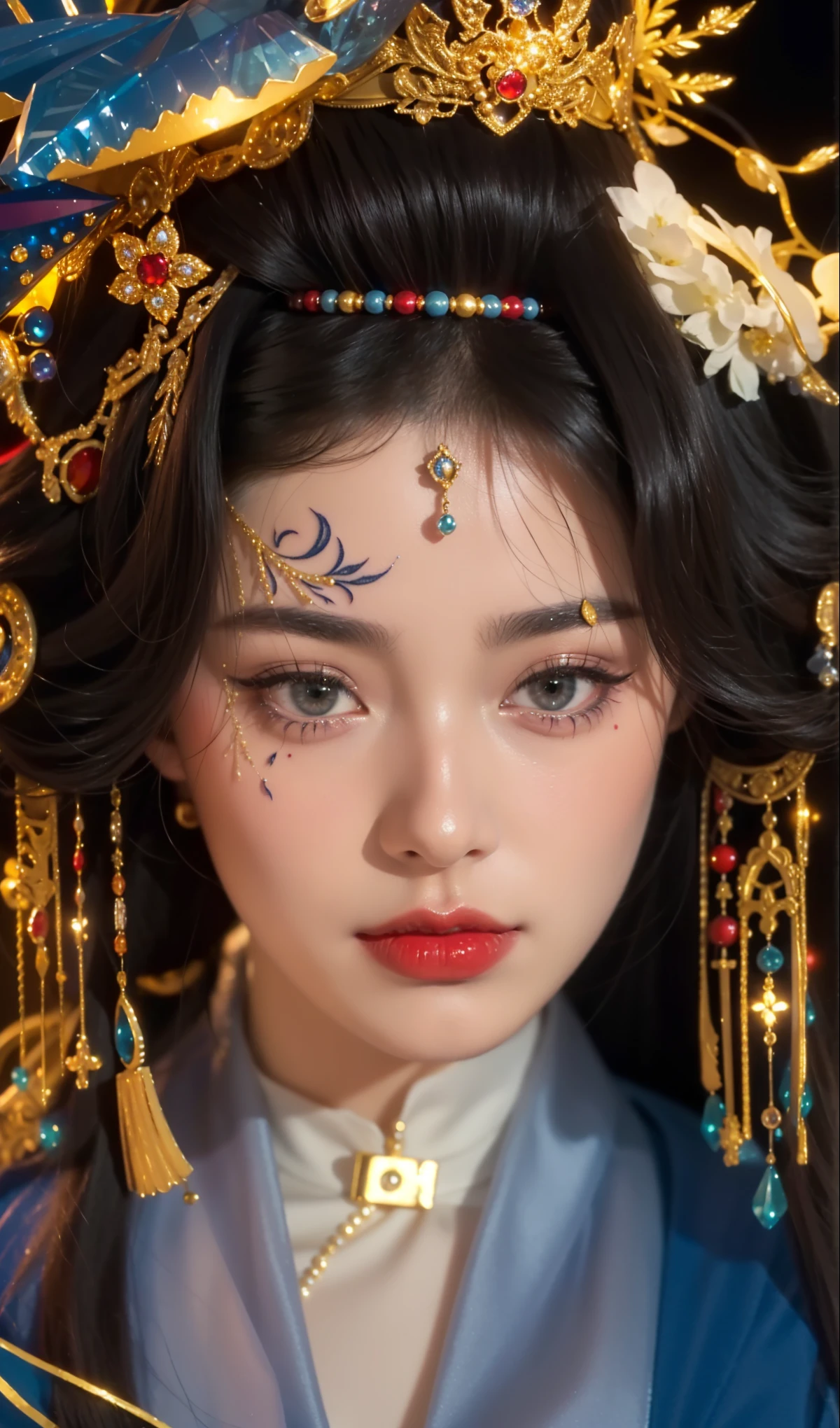 Royal princess，Extremely detailed, Delicate face, Stock Photography , Portrait 400, F1 Camera Lens.6, rich and colorful, Surrealism, Realistic textures, Dramatic Lighting, Thin Film Distiller 800 (8K, original photo, Better quality, masterpiece: 1.2), Extremely detailed, (Extremely delicate skin: 1.2), 8K ultra high definition, SLR camera, Soft Light, high quality.Fire Queen，Blue pupils，Wear red lipstick，Have a tattoo，The tattoo is very three-dimensional，Gorgeous and intricate tattoo designs，Dark eyeshadow，Sexy thick lips(Red lipstick)，Gorgeous pearl and gemstone decoration，Cleopatra wore jewelry made of gold and precious stones.，The stunning Queen，