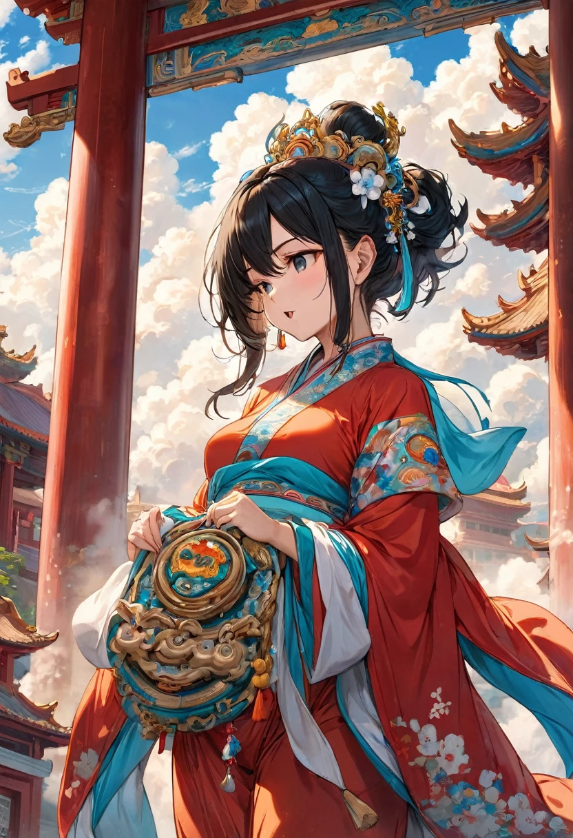 (masterpiece, best quality:1.2), bite_style,1 person,girl,Divine bit,cloud,Temple,cartoon