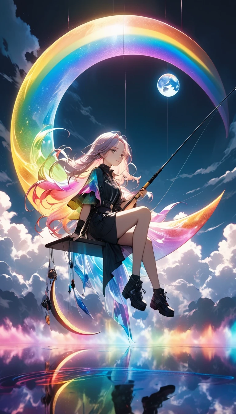 Attractive fishing girl sitting on a crescent moon, 1 person, A very thin line hanging straight down from a fishing pole, Aesthetic globe on top, Transparent and beautiful internal lighting, Artistic design, Dark pop fantasy, Crystal Coating, Holographic Reflection, Amazing iridescent fog, Refined aesthetics、Short bob hairstyle、Pink Hair
