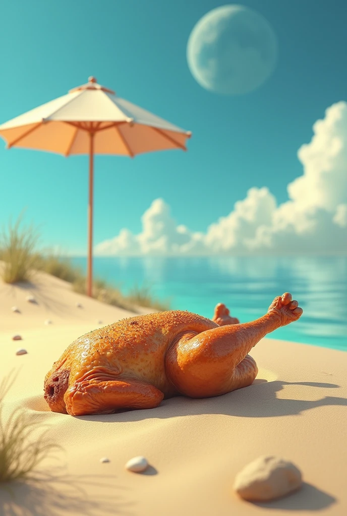 A thin, grilled roast chicken (brathähnel - Broiler) with brunette hair lies in the sun on a dune with a parasol and wears a bikini. Replaced the woman with a chicken! No water in the picture! Away with the water! Make the chicken thinner! No, now there is water in the picture again, what&#39;s that supposed to mean?