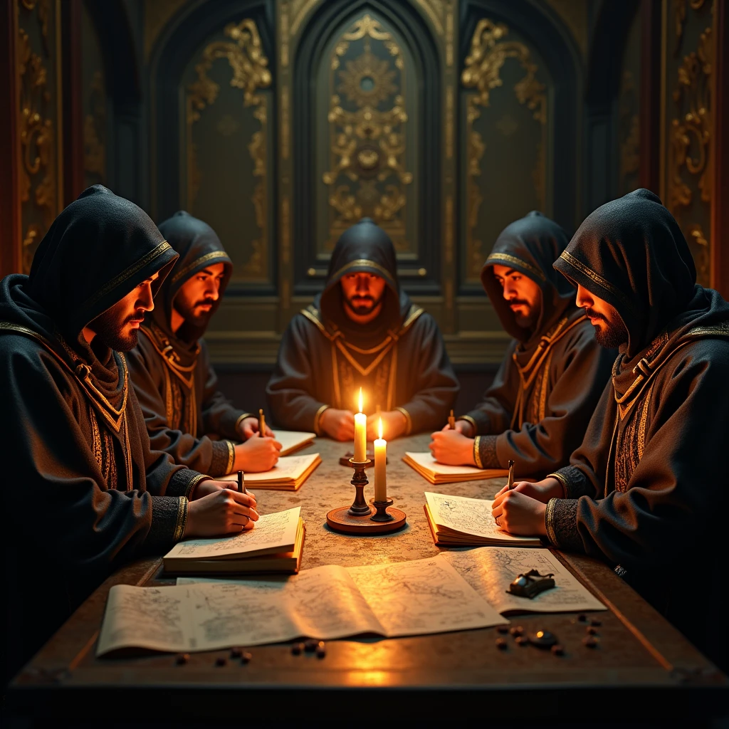 Close-up shot, Low angle shot, a candlelit room where five asian man sitting, their faces serious and determined, wearing culthu robe with hood, the table covered with maps, books, and a glowing mysterious symbol. in the background representing the Illuminati’s influence. The contrast between the calculated plotting and creates a sense of tension and mystery, leaving the viewer questioning the true nature of the Illuminati.) unreal engine, cinematic, hyper-real, highly detailed, Ultra realistic HD --q 2 --v 6.1 --ar 9:16