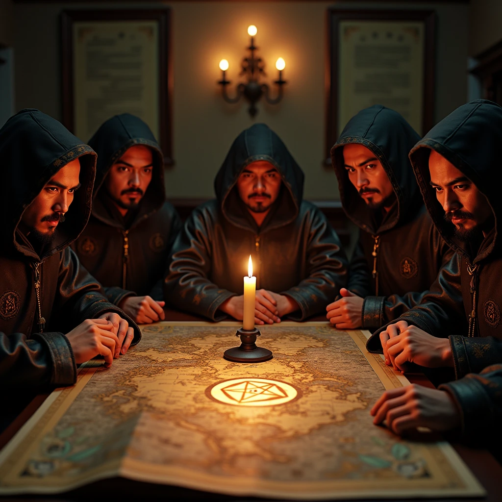 Close-up shot, Low angle shot, a candlelit room where five asian man sitting, their faces serious and determined, wearing culthu robe with hood, the table covered with maps, books, and a glowing mysterious symbol. in the background representing the Illuminati’s influence. The contrast between the calculated plotting and creates a sense of tension and mystery, leaving the viewer questioning the true nature of the Illuminati.) unreal engine, cinematic, hyper-real, highly detailed, Ultra realistic HD --q 2 --v 6.1 --ar 9:16