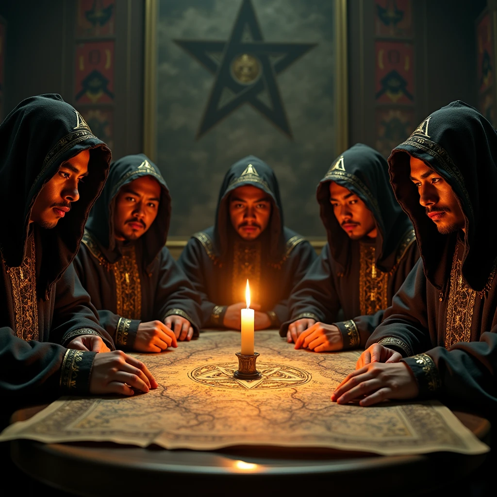 Close-up shot, Low angle shot, a candlelit room where five asian man sitting, their faces serious and determined, wearing culthu robe with hood, the table covered with maps, books, and a glowing mysterious symbol. in the background representing the Illuminati’s influence. The contrast between the calculated plotting and creates a sense of tension and mystery, leaving the viewer questioning the true nature of the Illuminati.) unreal engine, cinematic, hyper-real, highly detailed, Ultra realistic HD --q 2 --v 6.1 --ar 9:16