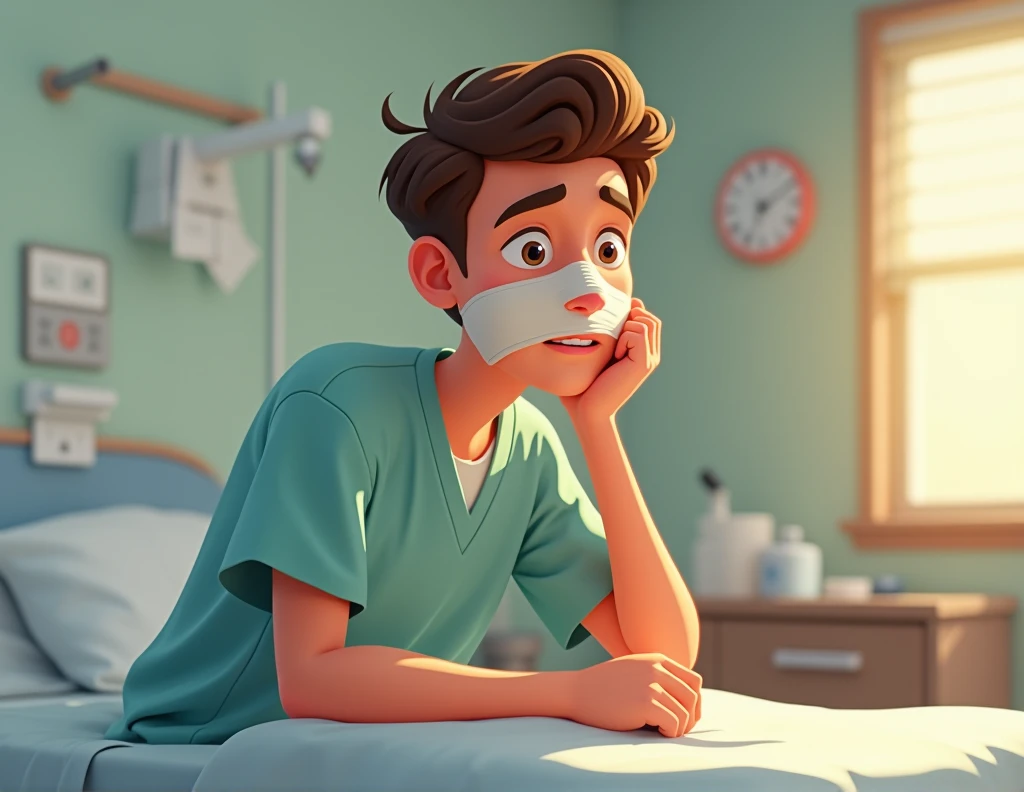 Creating Disney Pixar Images，A young man who was half-sitting on the bed and had just had an operation on his nose，There is gauze on the nose