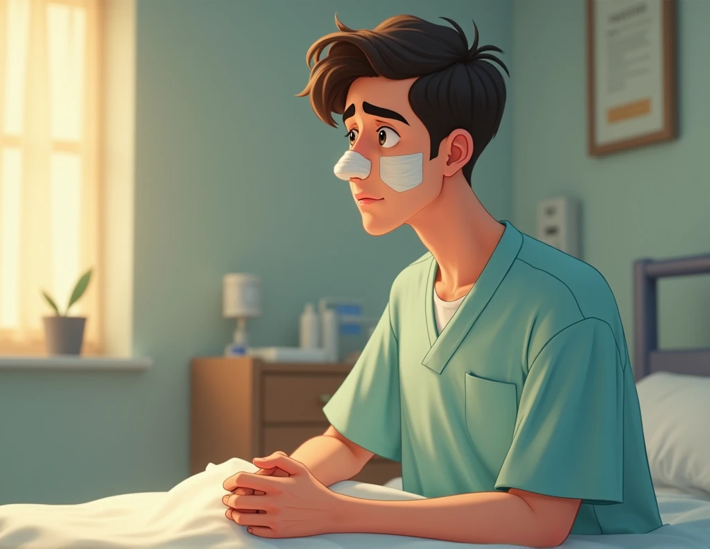 Creating Disney Pixar Images,A young man who was half-sitting on the bed and had just had an operation on his nose,There is gauze on the nose