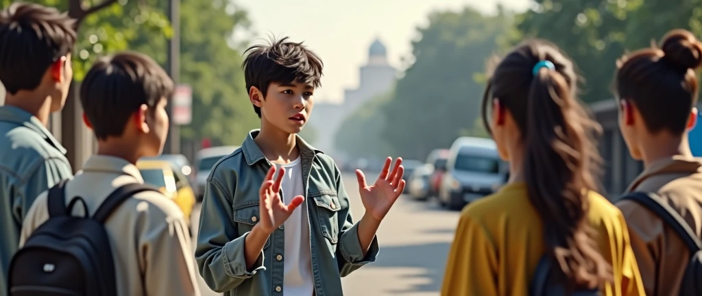 Creat a 18 boy try to talking with 4 peoples who standing Infront of his , the boy opening his hands and try to explain something, background is a normal road, 8k very ultra realistic