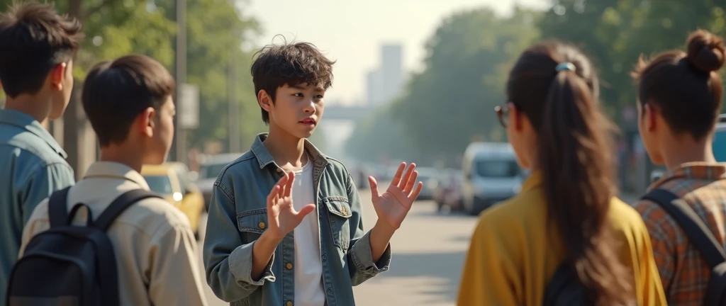 Creat a 18 boy try to talking with 4 peoples who standing Infront of his , the boy opening his hands and try to explain something, background is a normal road, 8k very ultra realistic