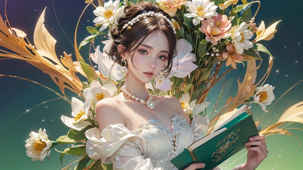 32K, 最高quality, 最高masterpiece, (ultra-Detailed Background, Detailed Background), High resolution, Super detailed, Very detailedな, 1 personの, (bouquet:1.3), (Tangled:1.2), (Geometric:1.2),(colorful),(masterpiece, quality, best quality, Official Art, Beautiful and beautiful:1.2), (1 person:1.3), Very detailed,(colorful:1.1)(Flowers:1.3),Most detailed,(Tangled:1.2), whole body, (Abstract background:1.3), (Skin glows), (Many colors:1.4), ,(Earrings Pearl:1.5), Light green background, It's imaginative., Brunette Hair, Updo, Holding a book, Holding a pen, Satin shirt