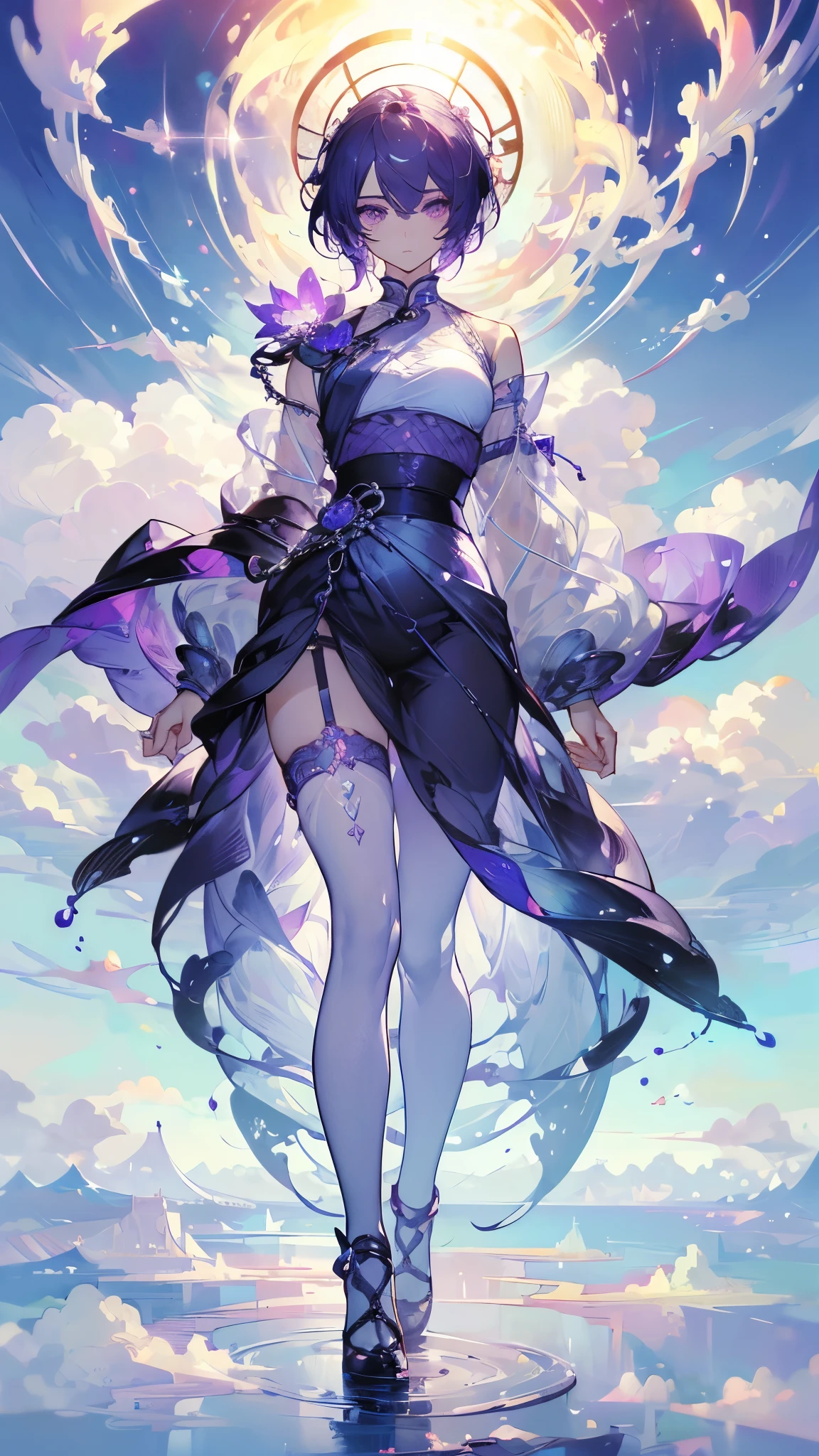 ((masterpiece, best quality)), Delicate face，goddess，cloud顶天宫，cloud，whole body，Long legs，Perfect body proportions，Short hair handsome，Beautiful purple eyes，Fantasy style，Extremely beautiful，Pure white background，transparent，sexly，Fishnet stockings，chain
