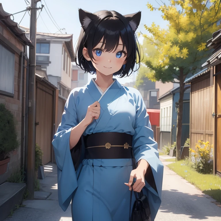 (highest quality), (masterpiece), 1080p, hd, 4k, 8K, masterpiece, 1boy, has Cat ears, has Black short hair, magic, has Blue beautiful eyes, wears Blue kimono, has slim body, muscular build, depicted in detail, smile, standing, spring cheerfulness, Dandelion on the road