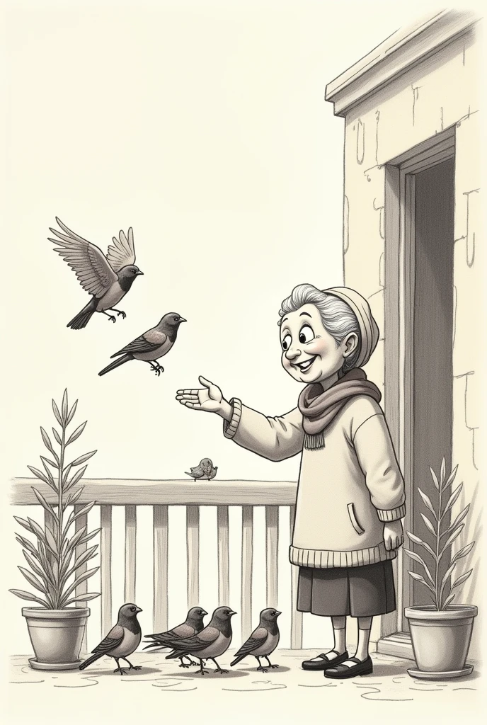 A grandmother feeding the sparrows in the balcony cartoon pencil sketch 