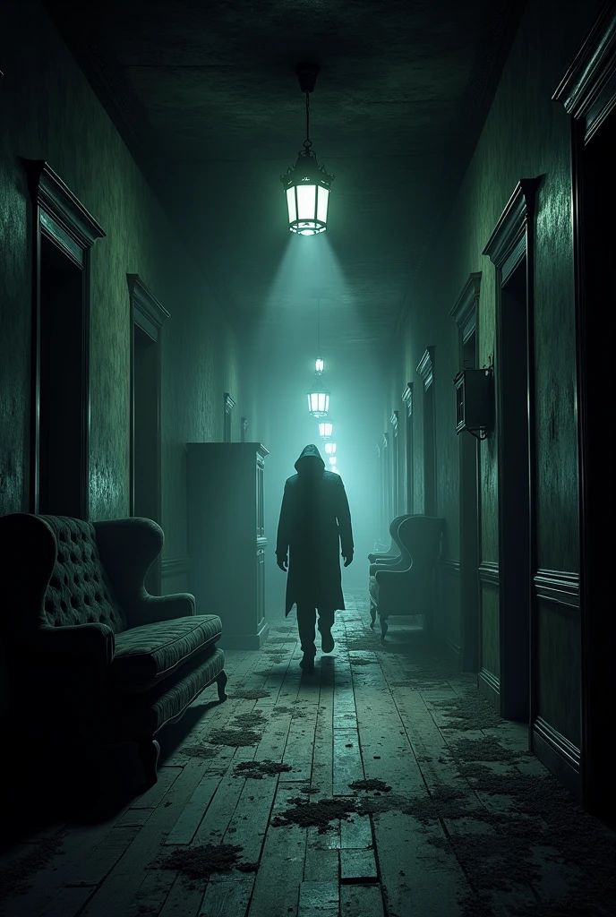 Image Description: Karan steps into a large, dark hallway filled with dust and cobwebs. The old wooden floorboards creak under his weight. Shadows from the flickering flashlight dance across the walls, revealing peeling wallpaper and cobweb-covered furniture.