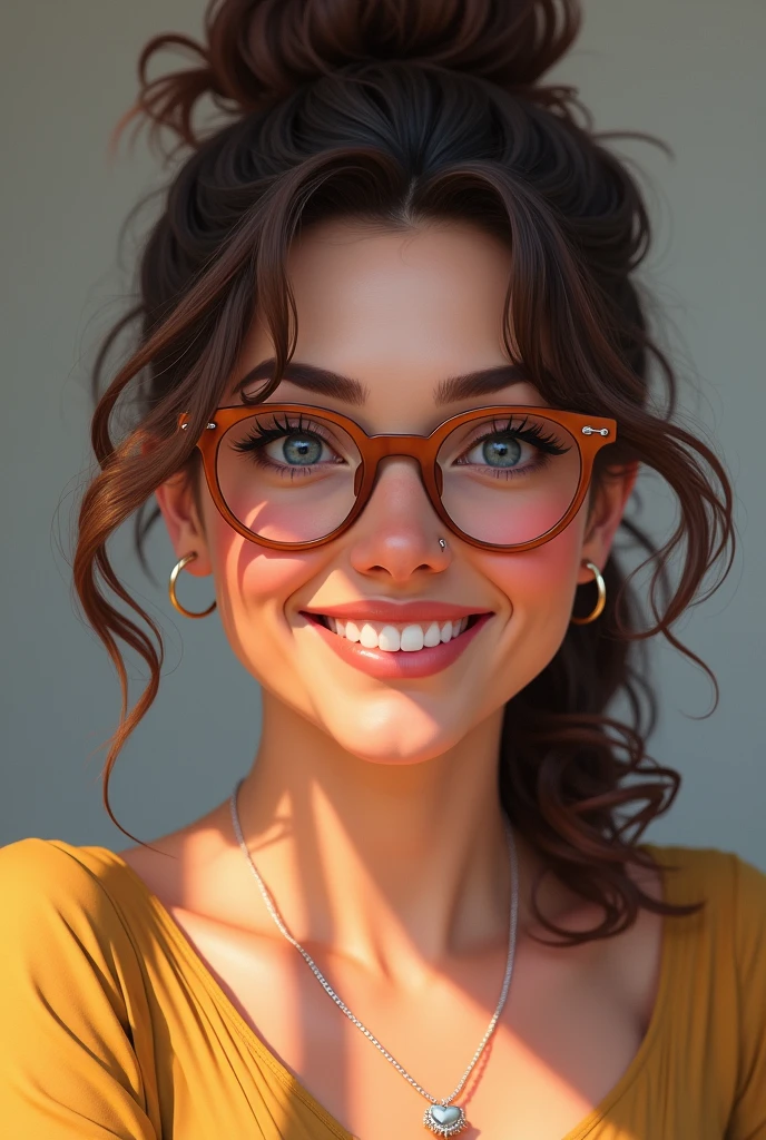 Femme 38 ans blanche, large, cheveux châtains foncés ondulés attachés en couette haute destructurée.  Lunettes arrondies couleurs cuivre. Piercing au nez a droite. Yeux bleus, lèvres pleines, petites boucles d'oreilles et collier chaine argentée avec un petit coeur, grin de beauté dans le cou a gauche et sur le front a gauche. Elle sourit et yeux qui pétillent.