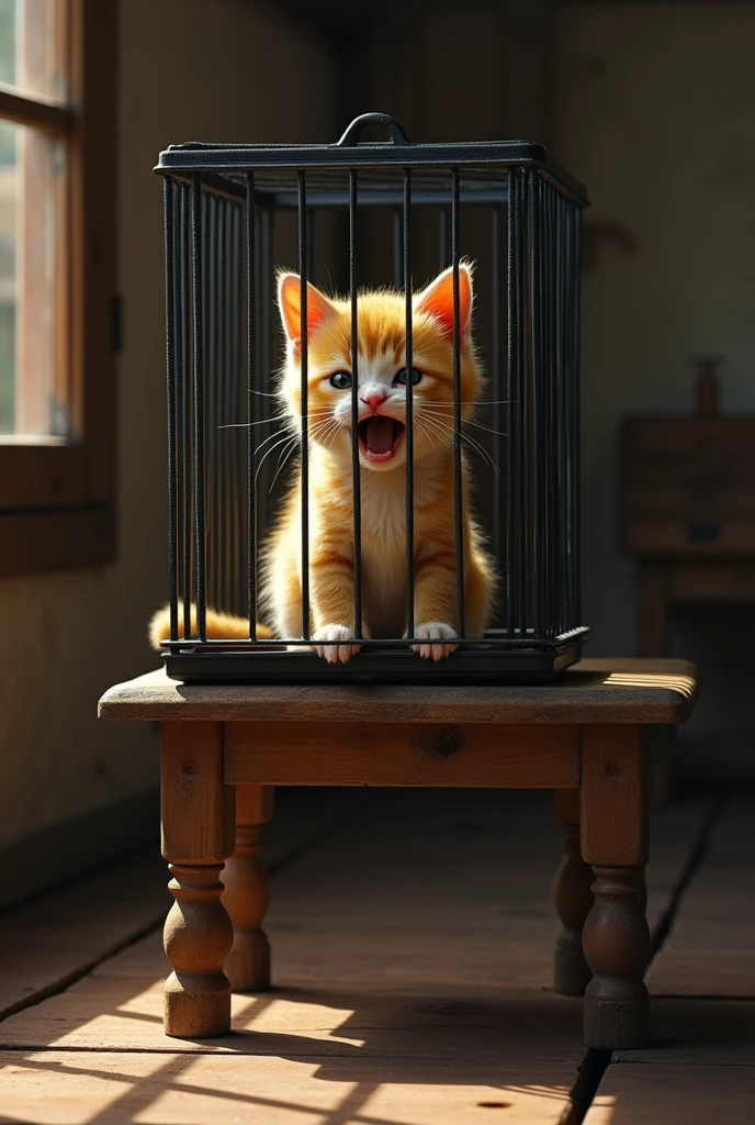 A YELLOW FUR lemon kitten inside a black metal cage inside a farmer's house the cage is placed on a wooden table the yellow lemon kitten is crying badly