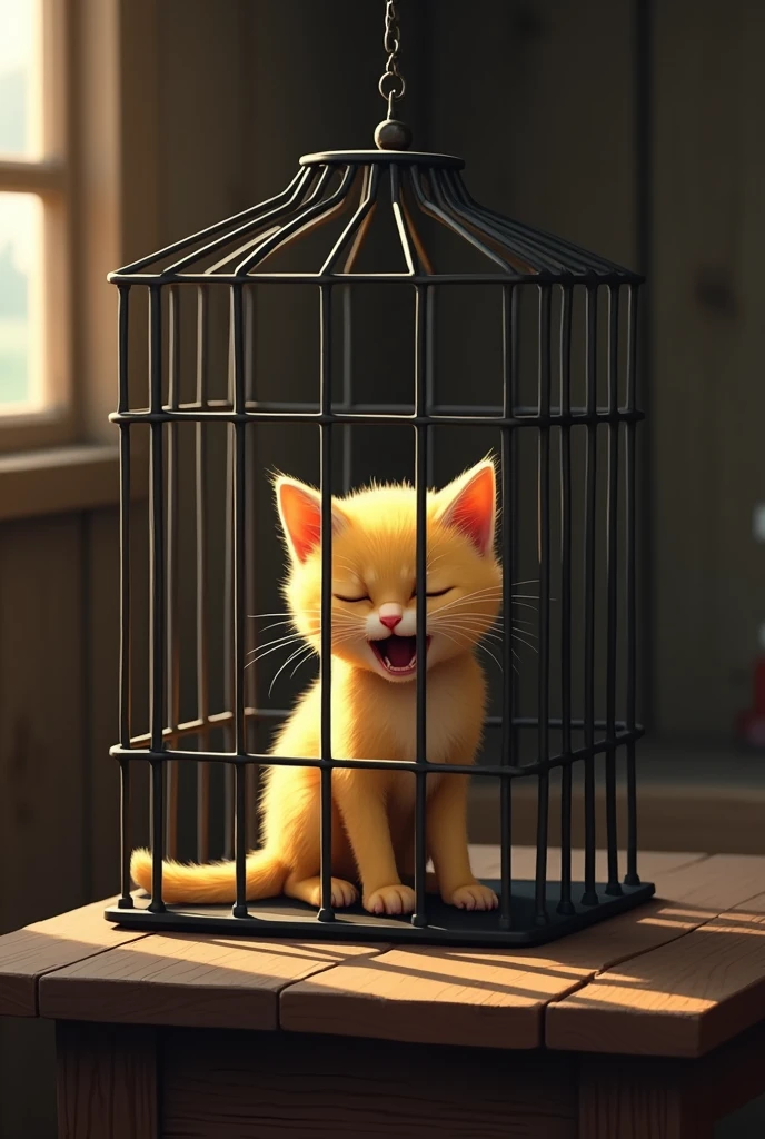 A YELLOW FUR lemon kitten inside a black metal cage inside a farmer's house the cage is placed on a wooden table the yellow lemon kitten is crying badly