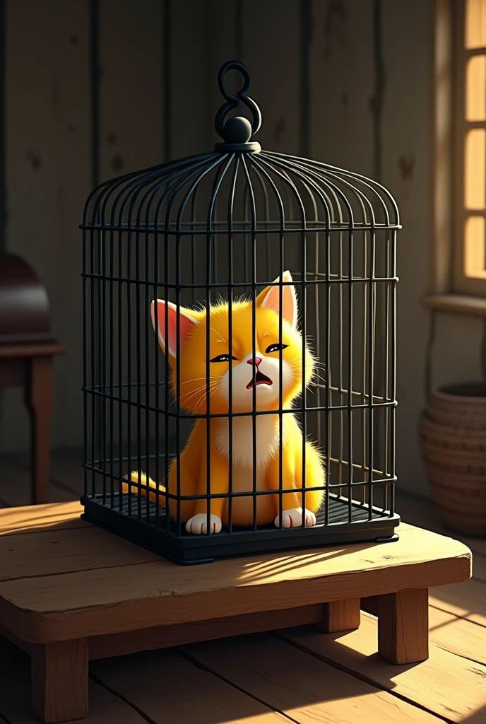 A YELLOW FUR lemon kitten inside a black metal cage inside a farmer's house the cage is placed on a wooden table the yellow lemon kitten is crying badly