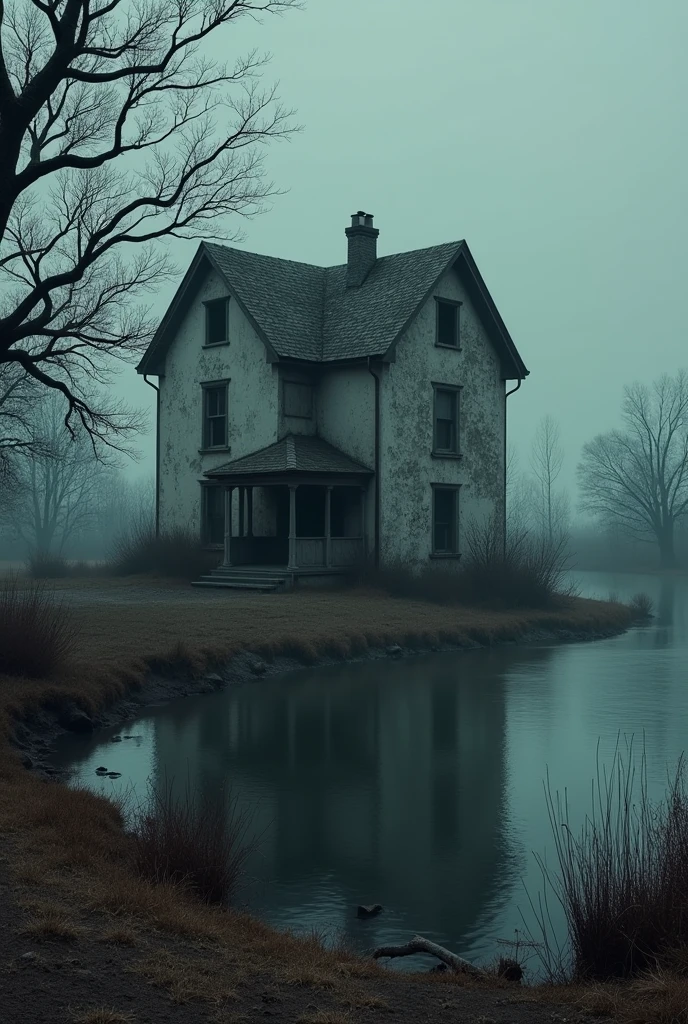 Old house walls plasting has gone in a darkest alone place back of lake and big dry tree front of house some little distance