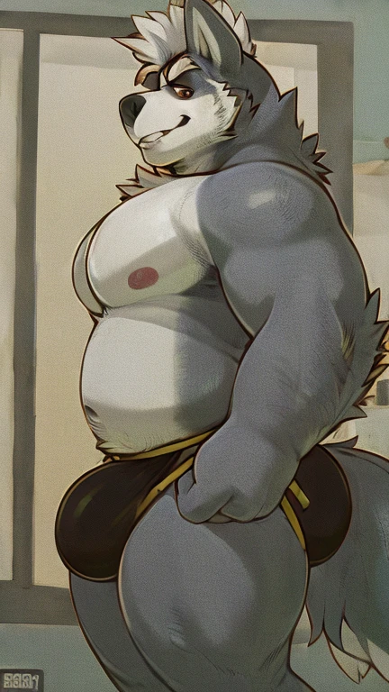 Wolf O'Donnell, big butt, jockstrap, back angle, ass focus, bara, solo, wolf tail, , thick thighs, daddy, 4k, HI res,  BARA pecs, 5 fingers, sweat, hd, brown eyes, masterpiece, big PECS, chest hair, navel hair, bulge, big bulge, masterpiece, mature male, manly, beefy, by sugaryhotdog, detailed bulge, detailed eyes, bedroom eyes, himbo, by darkgem, a bit of chubby belly is visible, basic pose