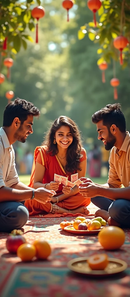 poster,Cover Design,Three Indian youngsters, two men and one woman, are playing cards outdoors.,Looking at the audience,carpet,fruit,food,Flowers,Trees,High-impact shots,Joyful smiles,photography,Photograph,