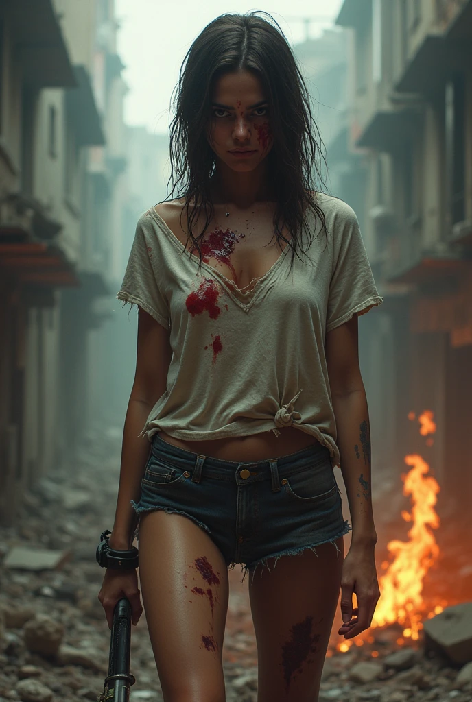 Young woman, post-apocalypse, Zombie, ruined city, flame, face in blood, torn T-shirt, without pants, underpants