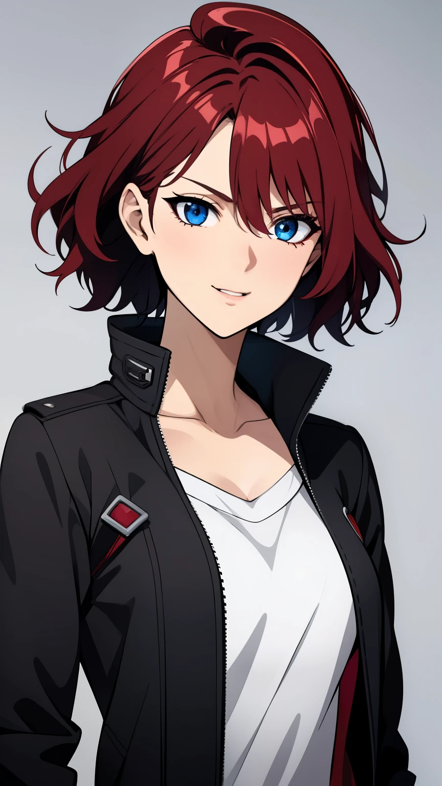 (high-quality, breathtaking),(expressive eyes, perfect face) 1girl, female, solo, young adult, feminine face, crimson red color hair, dark blue eye color, fluffy wavy hair, short hair length, Symmetrical Eyes, portrait, half body, cute smile, grey background, hair between eyes, jacket, tomboy, mohawk hair cut
