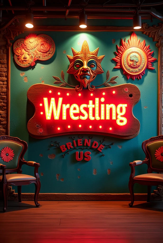Decorate a wall with a Mexican wrestling theme, no character just decoration, for streaming show, be creative, Simple but nice and in the middle place a sign that says wrestling