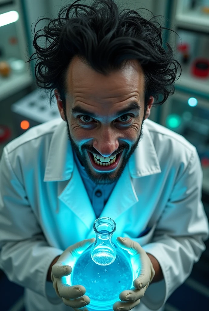 photo of a thin male scientist with short curly black hair wearing a chemical lab coat and safety gloves smiling broadly like a psychopath while holding a beaker filled with blue liquid in an electric power research laboratory with the background of active nuclear fusion, the photo was taken from directly above and highlights the face down to the feet