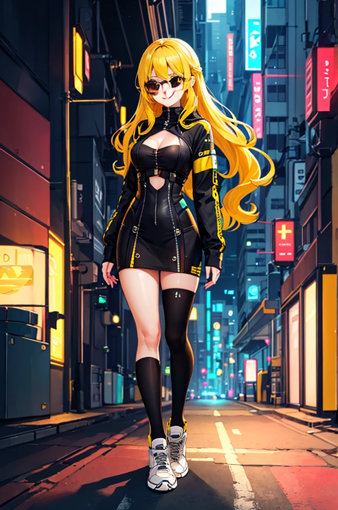 high quality, subsurface scattering, chromatic lighting,
colorized, yellow + black limited color palette,
detailed concept drawing,
Street girl, cyberpunk, futuristic, fullbody,
portrait, 20yo 1girl, medium soft breasts, slender, long yellow hair, yellow eyes, smiling