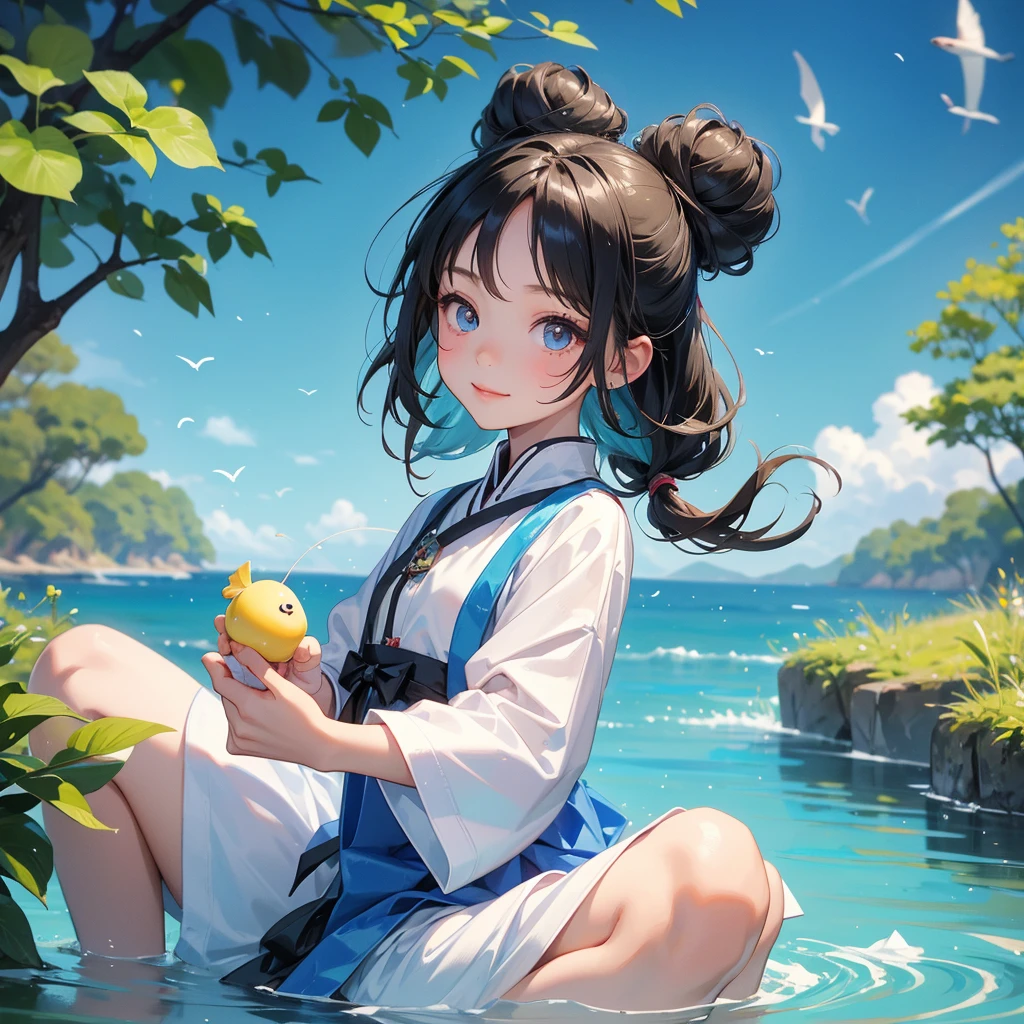 A chibi child girl had a small face and Wearing white little Taoist priest's outfit. A pair of big round eyes shone with curiosity about him. This child was so cute! ,her hair is black with two buns on her hair.small chibi, chibi baby, smiling,The little chibi baby looked up with his chest raised, and his face was old and proud.

Sitting fishing next to a green stream, a blue river full of fish. flowing slowly