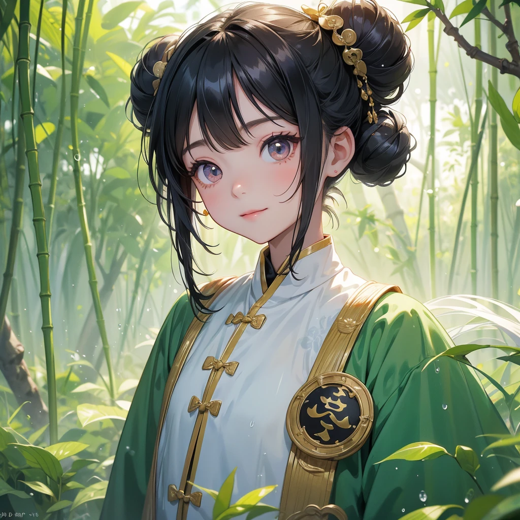 A chibi child girl had a small face and Wearing white little Taoist priest's outfit. A pair of big round eyes shone with curiosity about him. This child was so cute! ,her hair is black with two buns on her hair.small chibi, chibi baby, smiling,The little chibi baby looked up with his chest raised, and his face was old and proud.
The back is a lush green bamboo forest. The air after rain has water droplets splashing around.